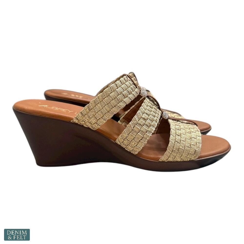 Aubrey Lynn Tan Woven Slide Sandals‎ Rhinestone Straps Boho Luxe Resort 9.5 - Picture 3 of 10